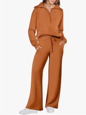 Relaxed Wide-Leg Drawstring Pants and 1/4 Zip Oversized Collar Sweatshirt | S